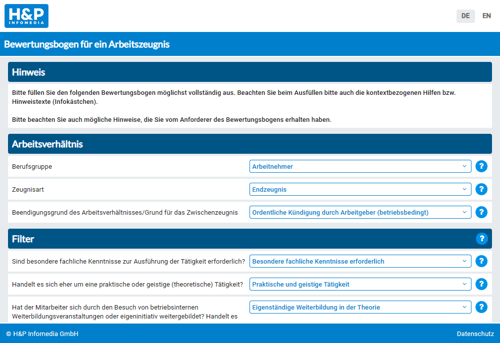 Bewertungsbogen-Dienst Screenshot